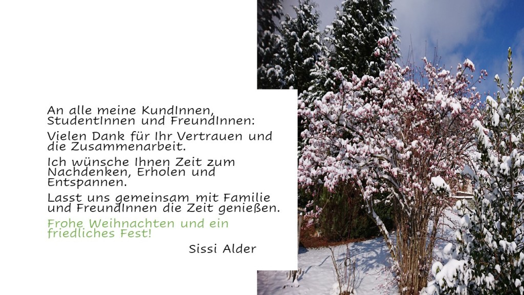An alle meine KundInnen, StudentInnen und FreundInnen: 
Vielen Dank für Ihr Vertrauen und die Zusammenarbeit. 
Ich wünsche Ihnen Zeit zum Nachdenken, Erholen und Entspannen. 
Lasst uns gemeinsam mit Familie  und FreundInnen die Zeit genießen. 
Frohe Weihnachten und ein friedliches Fest!
                               Sissi Alder
